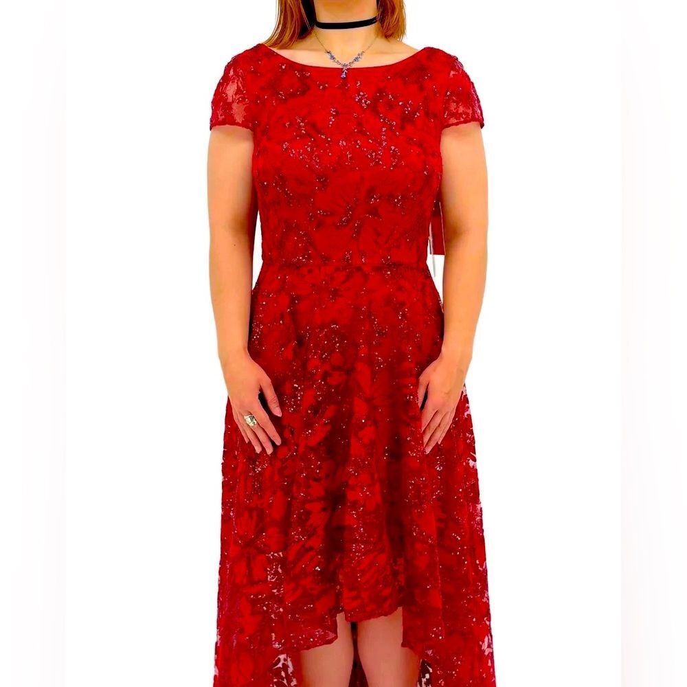 Eliza J Burgundy Lace Sequin Gown Size 16 Low Back Built-In Bra Formal